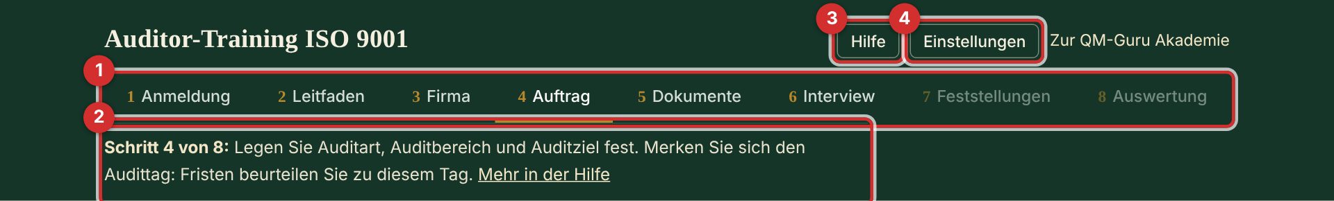 Kopfzeile mit Schritten, Kurzanleitung, Hilfe und Einstellungen