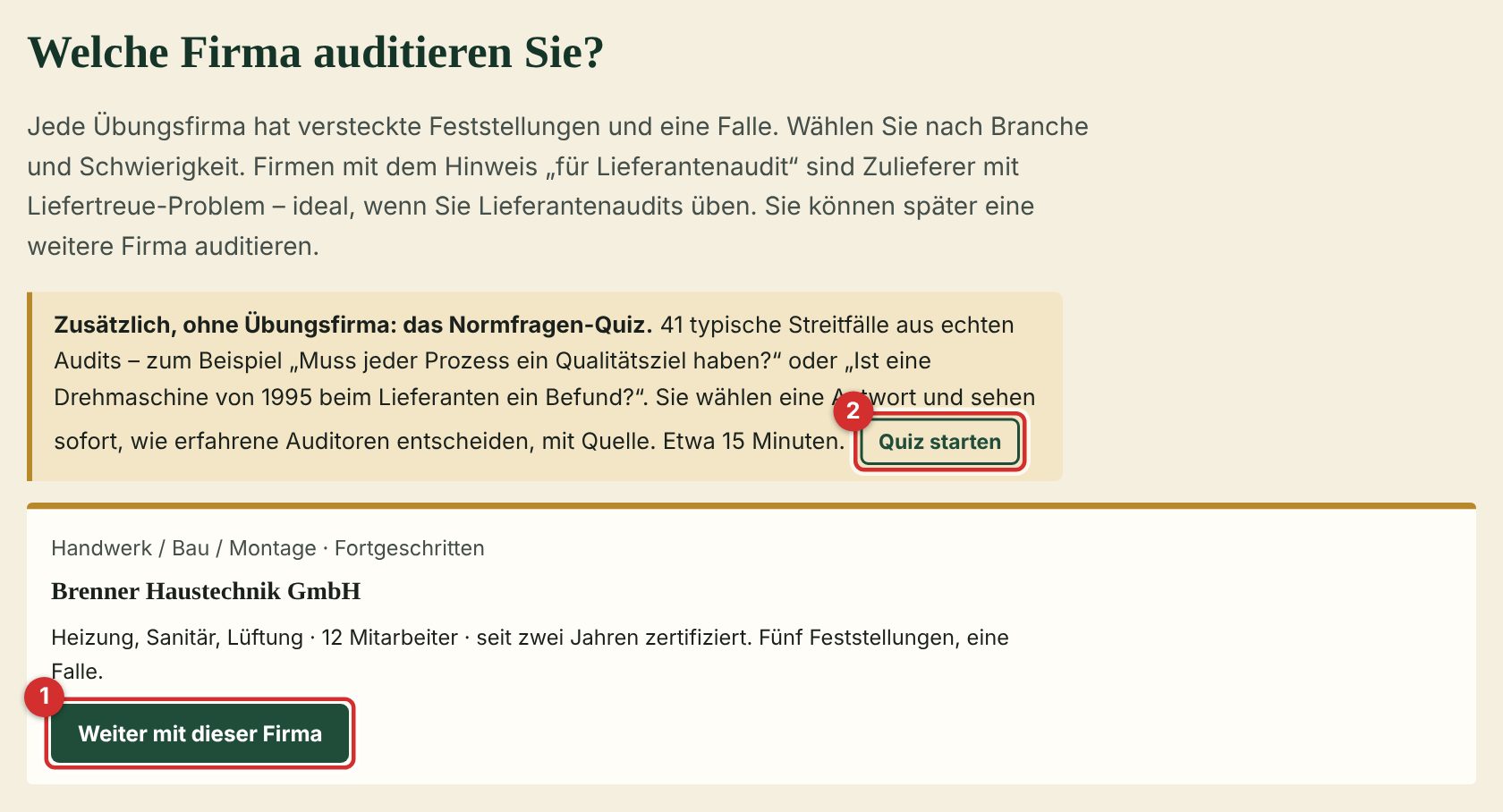 Firmenwahl mit Normfragen-Quiz
