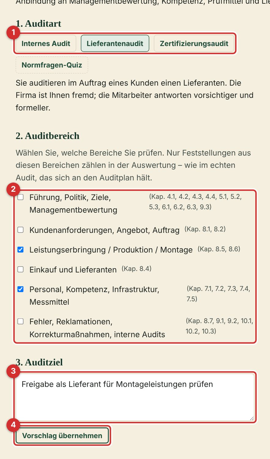 Auftrag mit Auditart, Auditbereich und Auditziel