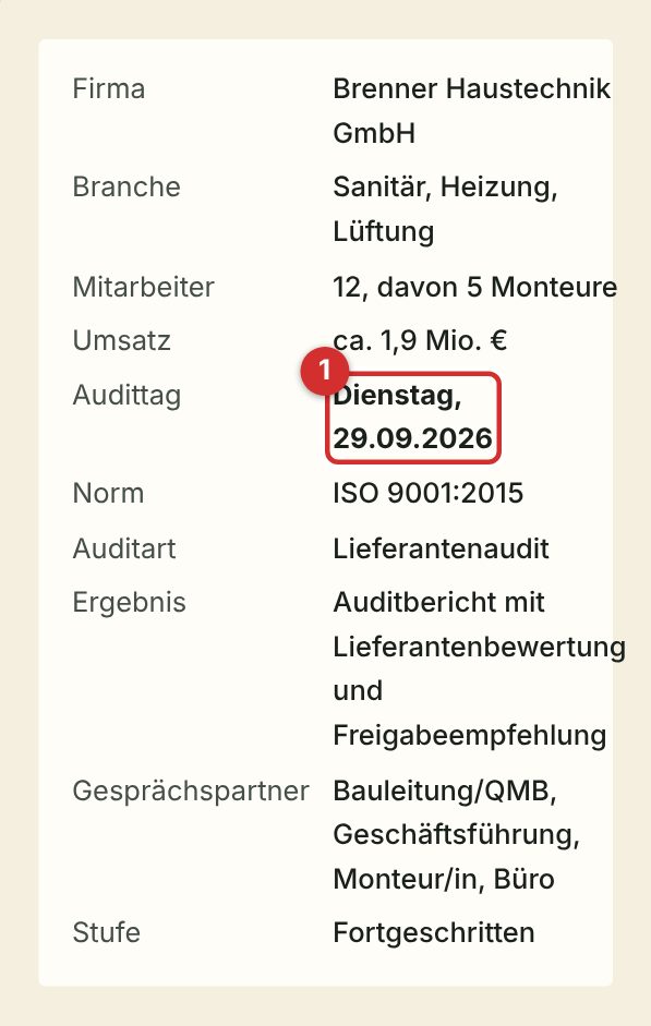 Steckbrief der Firma mit Audittag
