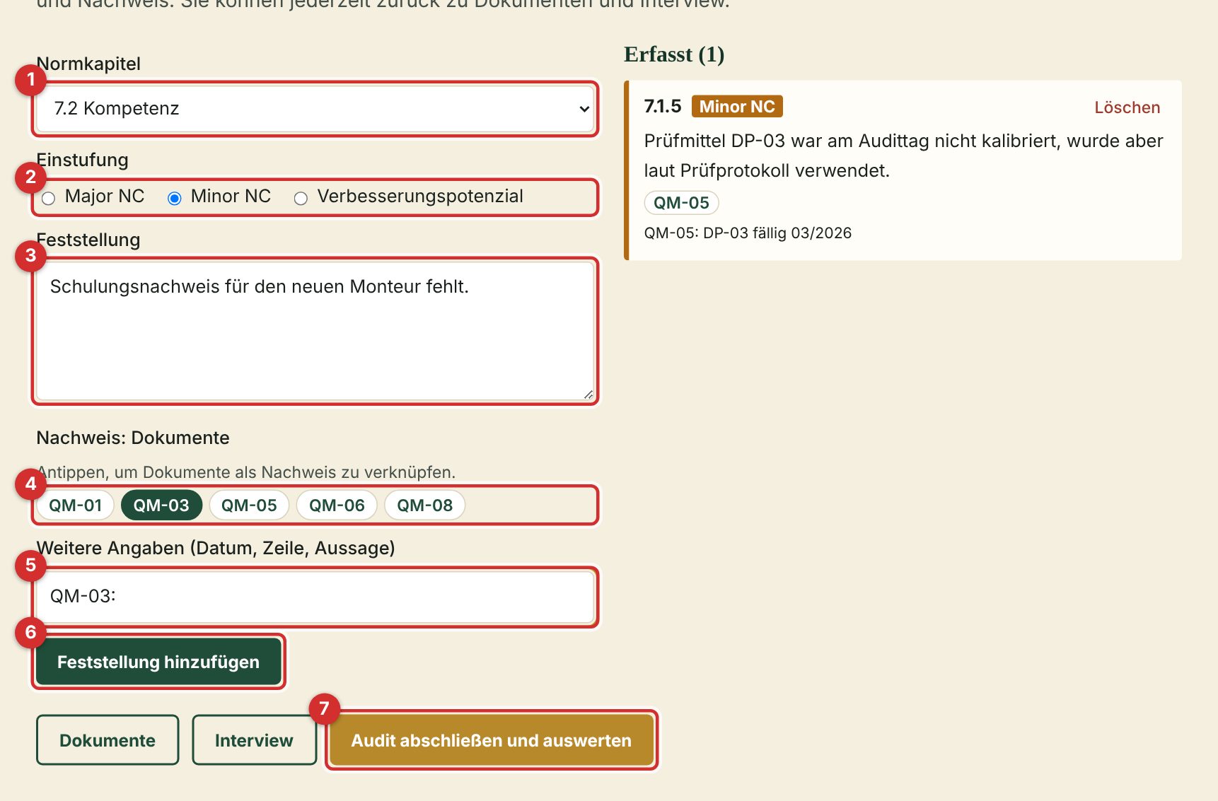 Formular für Feststellungen