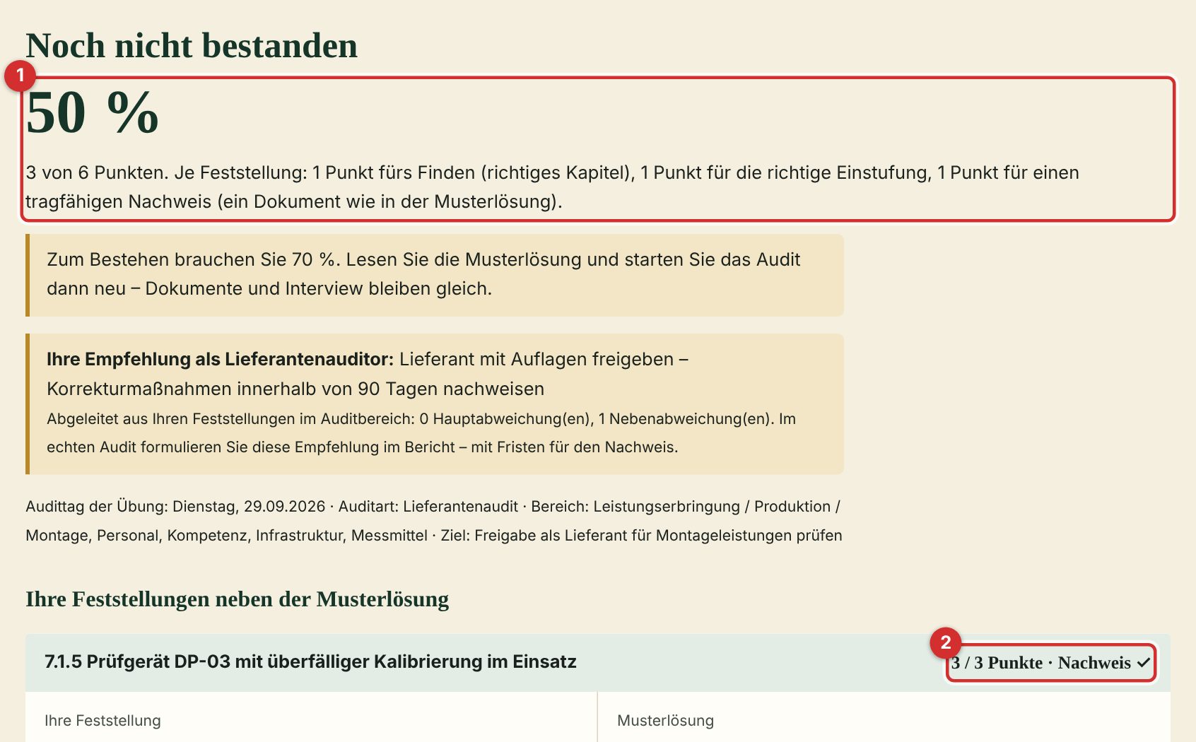 Auswertung mit Ergebnis und Punkten je Feststellung